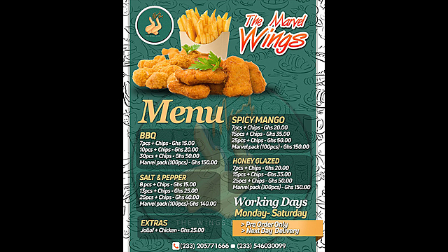 Marvel wings menu