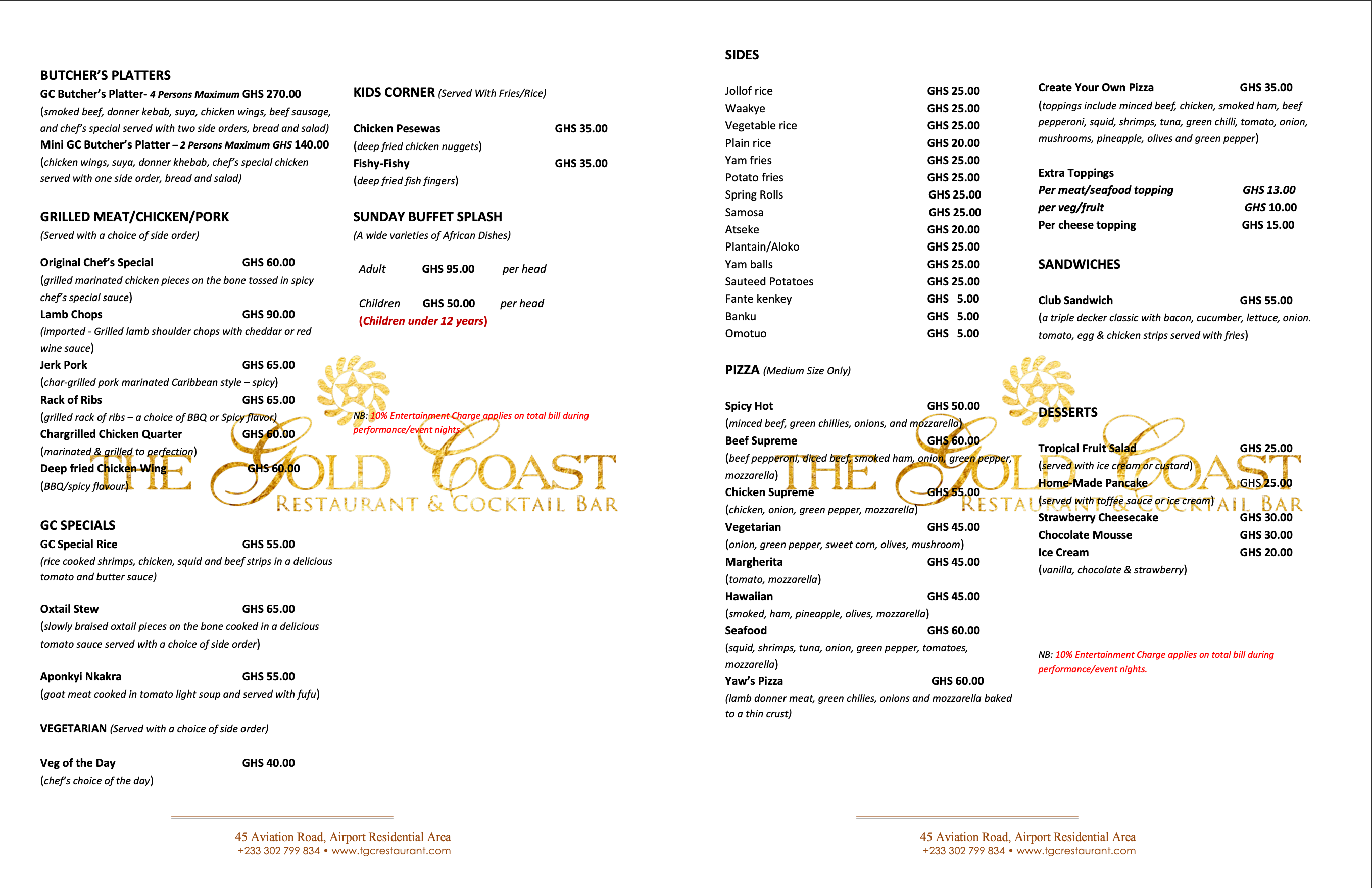 Gold Coast Restaurant & Cocktail Bar Menu and Prices