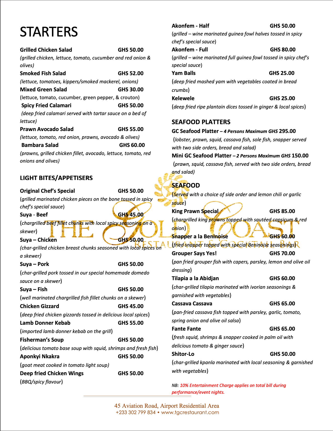 Gold Coast Restaurant & Cocktail Bar Menu and Prices 1