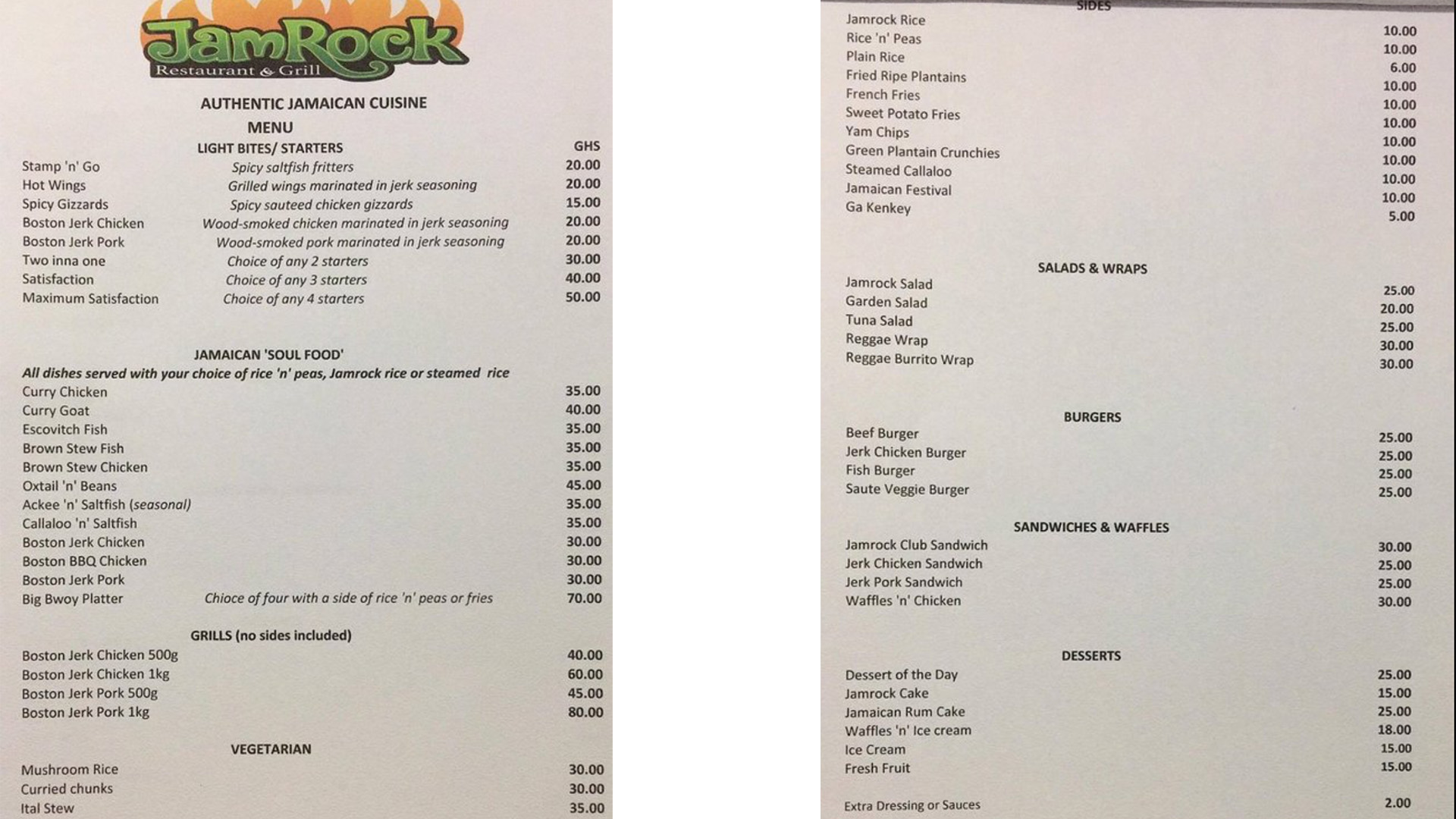 Jam Rock Restaurant and Grill Menu and Prices